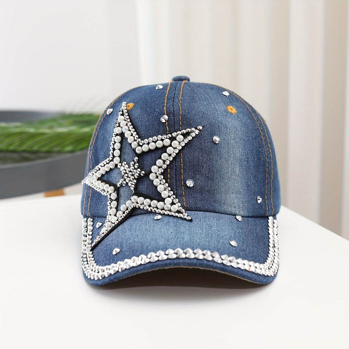 Women's Rhinestone Studded Star Denim Baseball Cap, Adjustable Casual Outdoor Sun Protection Peaked Hat Gifts For Eid - MHMote
