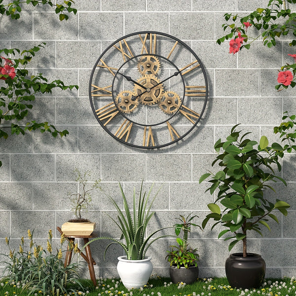 1pc Vintage European-Style Golden Metal Gear Design Large Wall Clock, Silent Movement, 19.7 Inches Rustic Garden Decor, Fashionable Creative Timepiece For Outdoor & Indoor Use