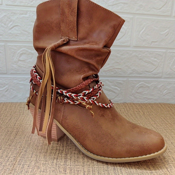 Vintage Western Ankle Boots - Elevated Stacked Chunky Heel, Vintage-Inspired Retro Tassel Decor, Intricate Braided Detail, Slouchy Slip-On Design - Designed for Women, Ankle-High Silhouette, Retro Western Style with a Modern