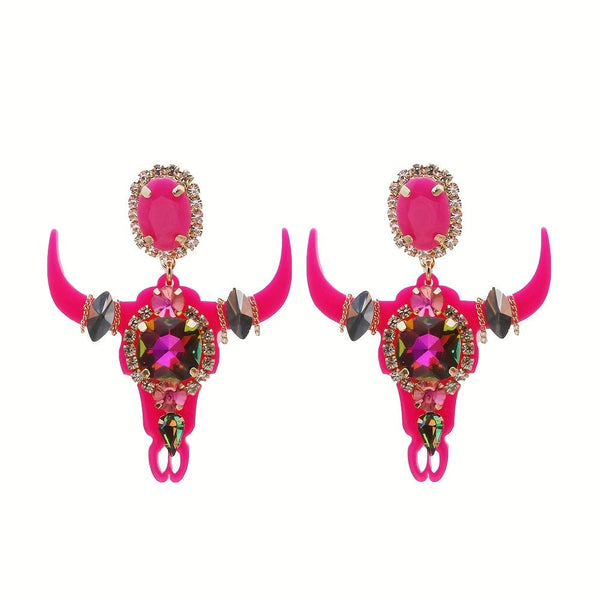 Gothic Western Bull Head Dangle Earrings with Sparkling Rhinestones - Stainless Steel Posts, Resin Crafted for Women | Perfect for Parties & Festivals