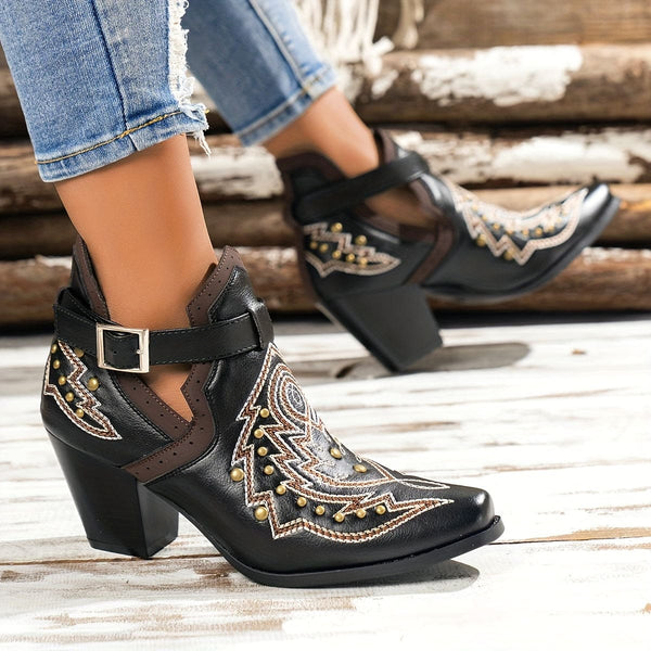 Women's Golden Beads Decor Chunky Heel Boots, Fashion Buckle Strap Design Ankle Boots, Women's Comfortable Western Boots