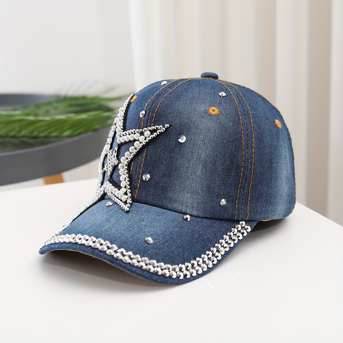 Women's Rhinestone Studded Star Denim Baseball Cap, Adjustable Casual Outdoor Sun Protection Peaked Hat Gifts For Eid