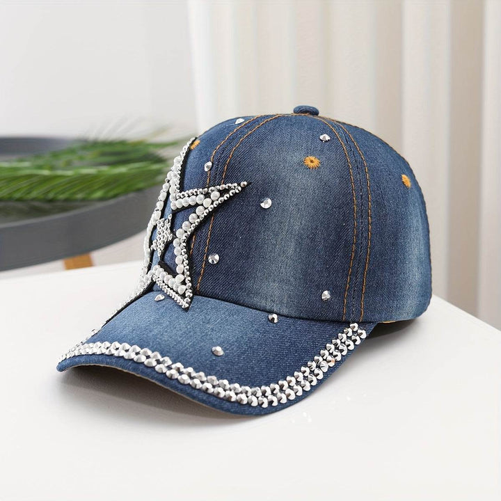 Women's Rhinestone Studded Star Denim Baseball Cap, Adjustable Casual Outdoor Sun Protection Peaked Hat Gifts For Eid - MHMote