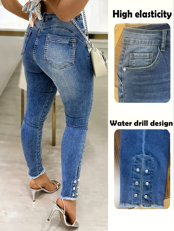 Damejeans i stretchdenim med høy midje og strassdekorasjoner - Slim fit, mellomhøy midje, glidelåslukking, helårsbukser, jeans med høy midje