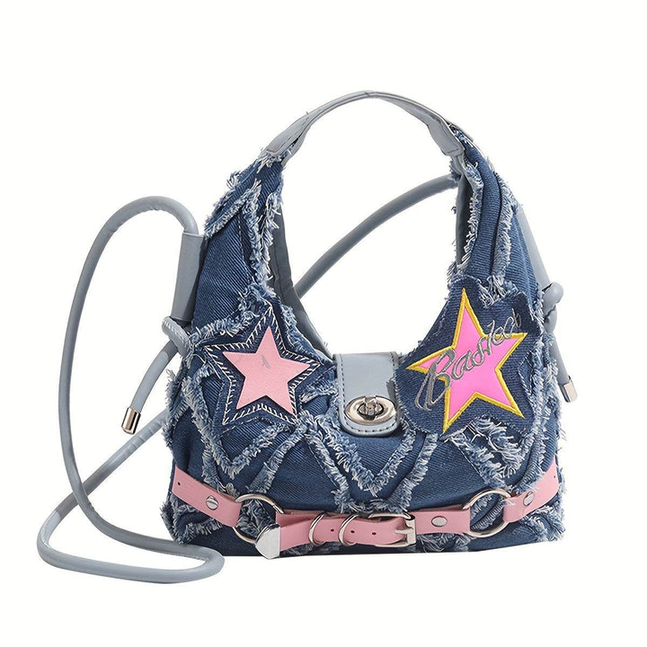 Women's Fashion Denim Shoulder Bag with Star Accents, Vintage Style Crossbody Handbag - MHMote