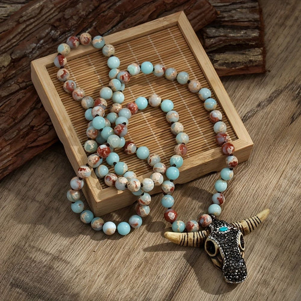 Spring Summer New Fashion Bohemian Tribal Jewelry 8mm Beige Black Imperial Stone Knot Necklace Rhinestone Ox Head Pendant Necklace Personality Colored Beaded Chain Jewelry Decoration