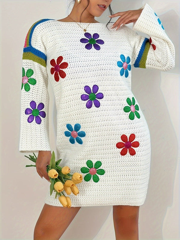 Blomstermønstret genserkjole med rund hals - Elegant bohemsk-inspirert, koselig langermet, senkede skuldre, klassisk rund hals - Stilige og komfortable dameklær