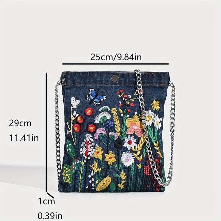 Embroidered Flowers Women Cowboy Shoulder Bag Fashion Chain Ladies Messenger Bags Denim Handbag Blue - MHMote