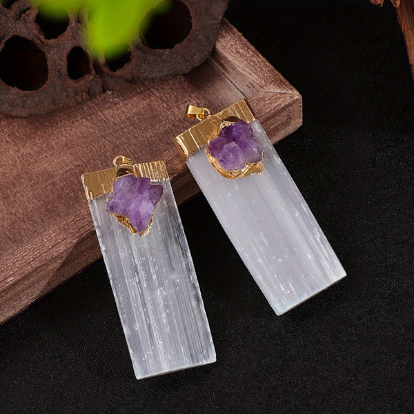 Selenite & Amethyst Cluster Pendant - Natural White Gypsum Necklace With Purple Quartz Crystal For Reiki Healing, Meditation, And Chakra Balancing - Perfect Diy Jewelry Gift For Men And Women Crystals And Healing Stones Neckl