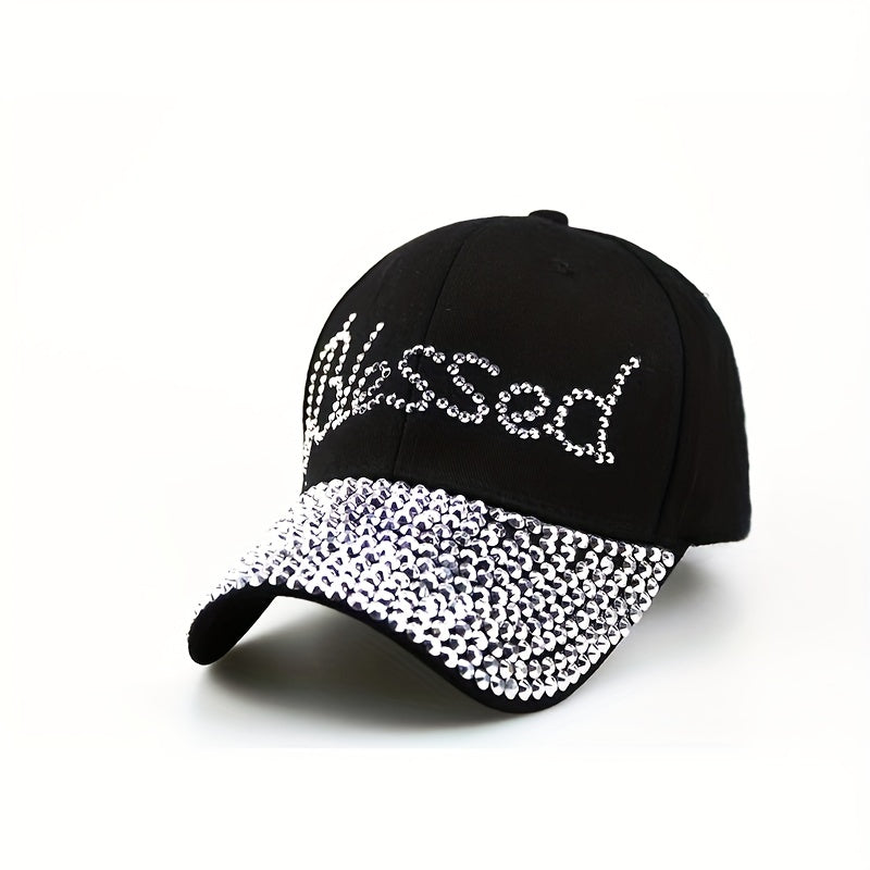 Stilig denim baseballcaps med velsignet bokstav og diamantpynt