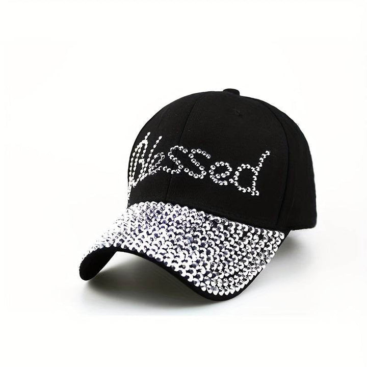Stylish denim baseball cap with Blessed letter and diamond embellishment - MHMote