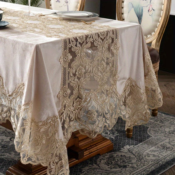 1pc, Coffee Color Rectangular Velvet Tablecloth, Wedding Essentials, Easter Home Decor, Valentine'S Day Decorative Tablecloth, Exquisite Embroidery Lace Table Cover, St. Patrick'S Day, Mardi Gras, Dinner Decorations, Spring D