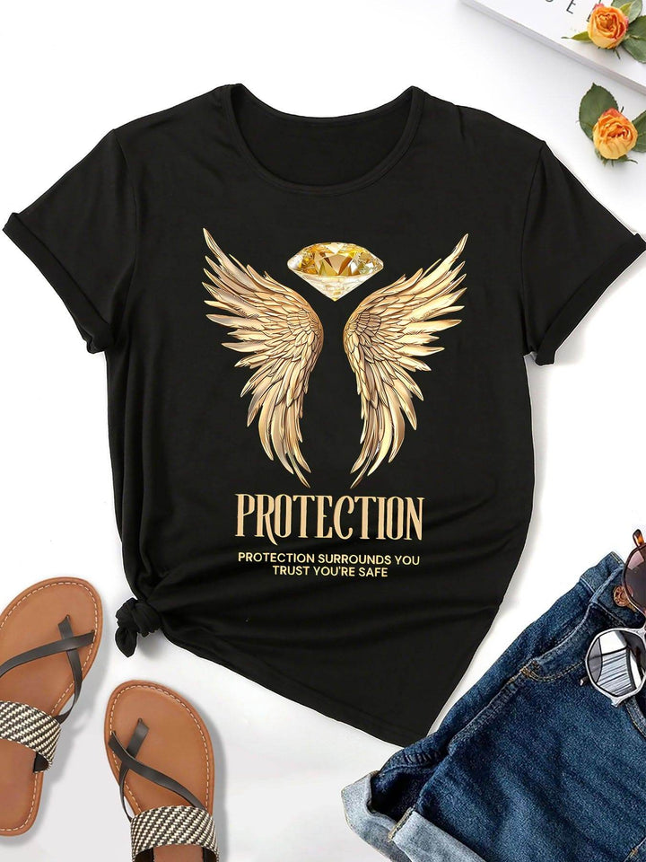Protection & Angel Wings & Diamond Print Crew Neck T-shirt, Casual Fashion Short Sleeve T-shirt, Micro-Elastic, Non-Transparent, Easy To Care Material, Ideal For Everyday Wear, Women'S Clothing - MHMote
