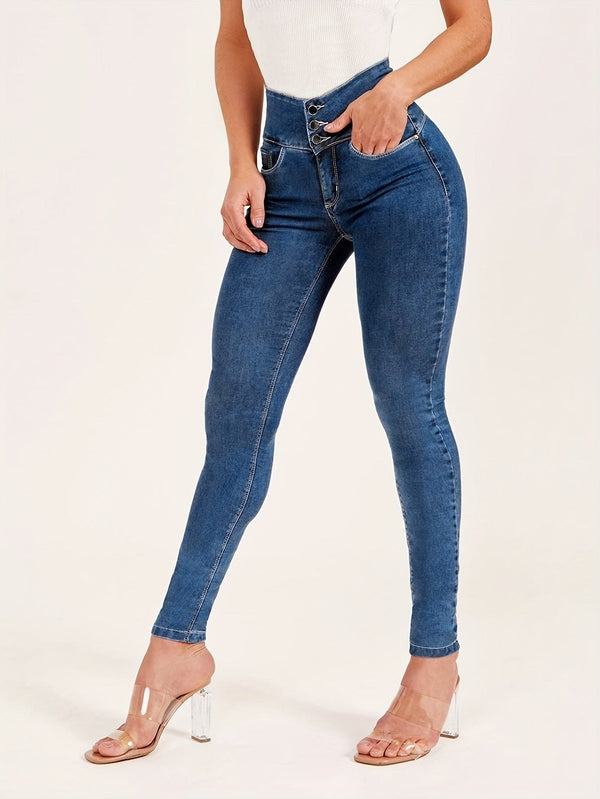Enkeltspente skinny jeans med høy midje, sexy ensfargede denimbukser med flere knapper og skrålommer, denimjeans og klær til dame