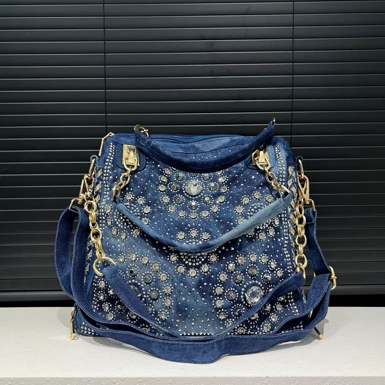 Elegant denim dameveske med glitrende rhinestones – stor kapasitet, gradientdesign, avtakbar stropp, glidelåslukking