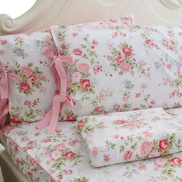 Elegant 4-delt sengetøysett med roseblomstermotiv i bomull – myk og pustende komfort – komplett sengetøyløsning for soverom og gjesterom