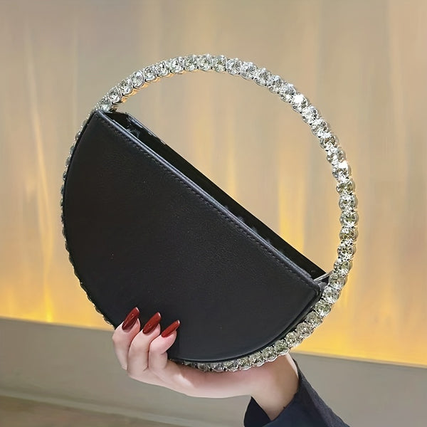 Luxurious Round Rhinestone Clutch Bag - Zipper Closure, Faux Leather Lining, Solid Color, Elegant Party Prom Wedding Handbag for Women - Trendy and Chic Evening Purse