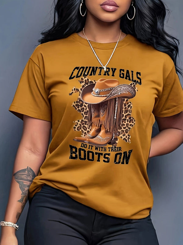 T-skjorte med rund hals og bokstavtrykk og western cowboyhatt-design