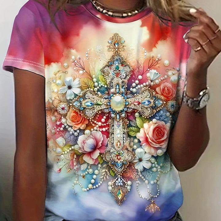 Vibrant Women's Floral Cross Print T-Shirt - Casual Crew Neck, Short Sleeve, Stretchy Polyester Blend, Machine Washable - Colorful Artistic Design for Spring & Summer - MHMote