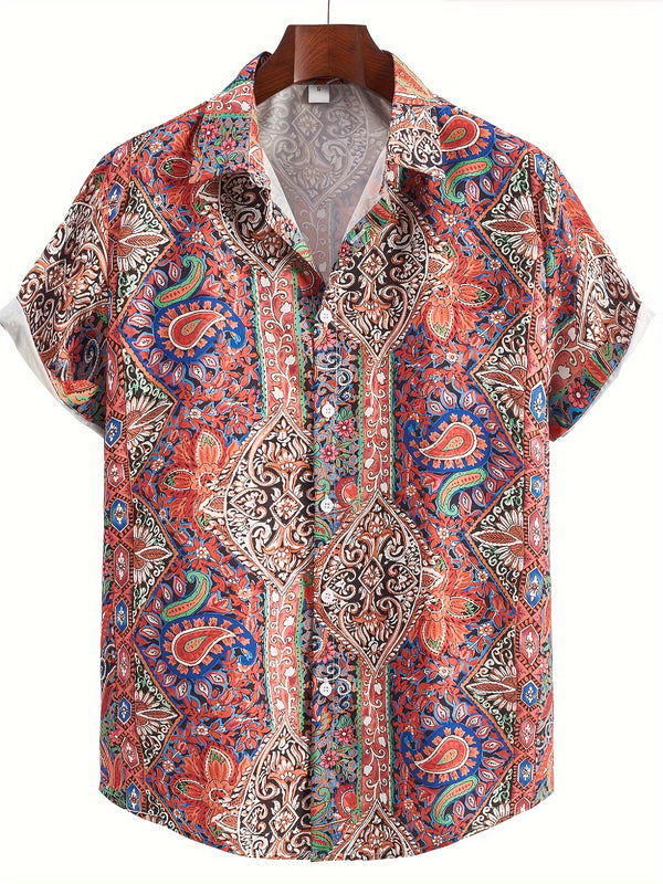 Herre Hawaiiskjorte med livlig retrografikktrykk - Unik bohemsk og elegant stil, komfortable korte ermer, klassisk krage med slag - Perfekt for sommerferie, ideell for ferieturer